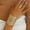 Conjunto de 2 Piezas de Brazalete y Anillo Abierto con Diseño Floral Hueco Vintage Bohemio