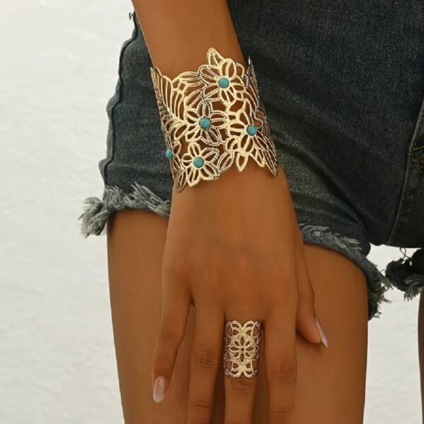 Conjunto de 2 Piezas de Brazalete y Anillo Abierto con Diseño Floral Hueco Vintage Bohemio