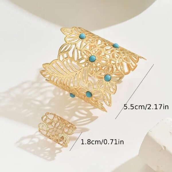 Conjunto de 2 Piezas de Brazalete y Anillo Abierto con Diseño Floral Hueco Vintage Bohemio