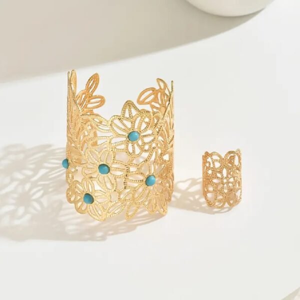 Conjunto de 2 Piezas de Brazalete y Anillo Abierto con Diseño Floral Hueco Vintage Bohemio