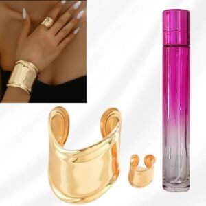 pulsera y anillo dorado + perfume