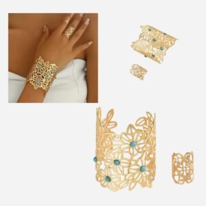 Conjunto de 2 Piezas de Brazalete y Anillo Abierto con Diseño Floral Hueco Vintage Bohemio
